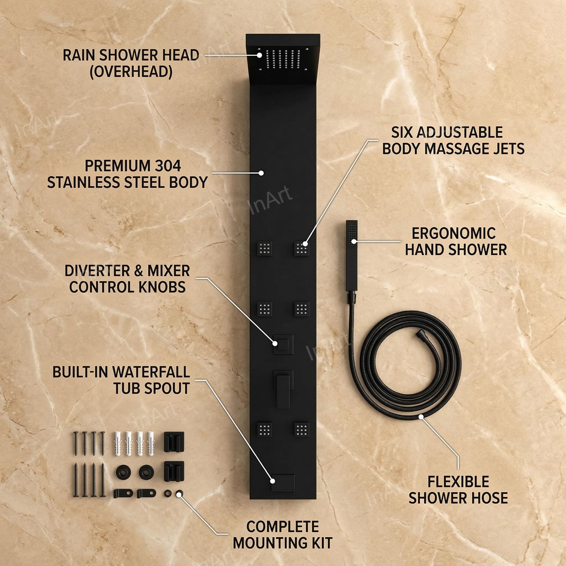 Matte black shower panel system, side angle view with handshower, waterfall outlet and body massage jets