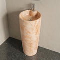 Dining hall wash basin cabinet look with InArt ceramic round pedestal wash basin in orange marble finish