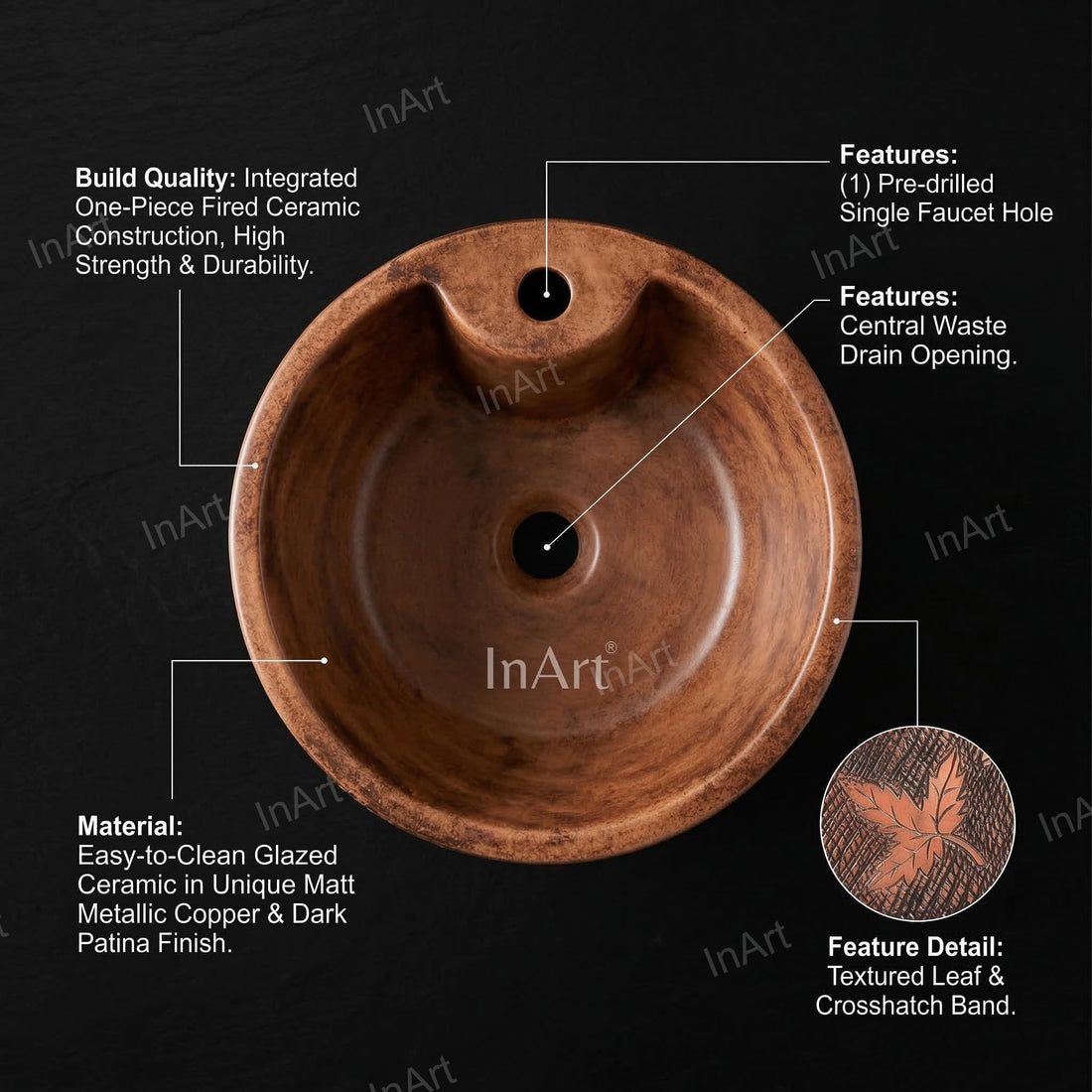 InArt ceramic pedestal wash basin designs, round one piece free standing basin with wooden matte finish