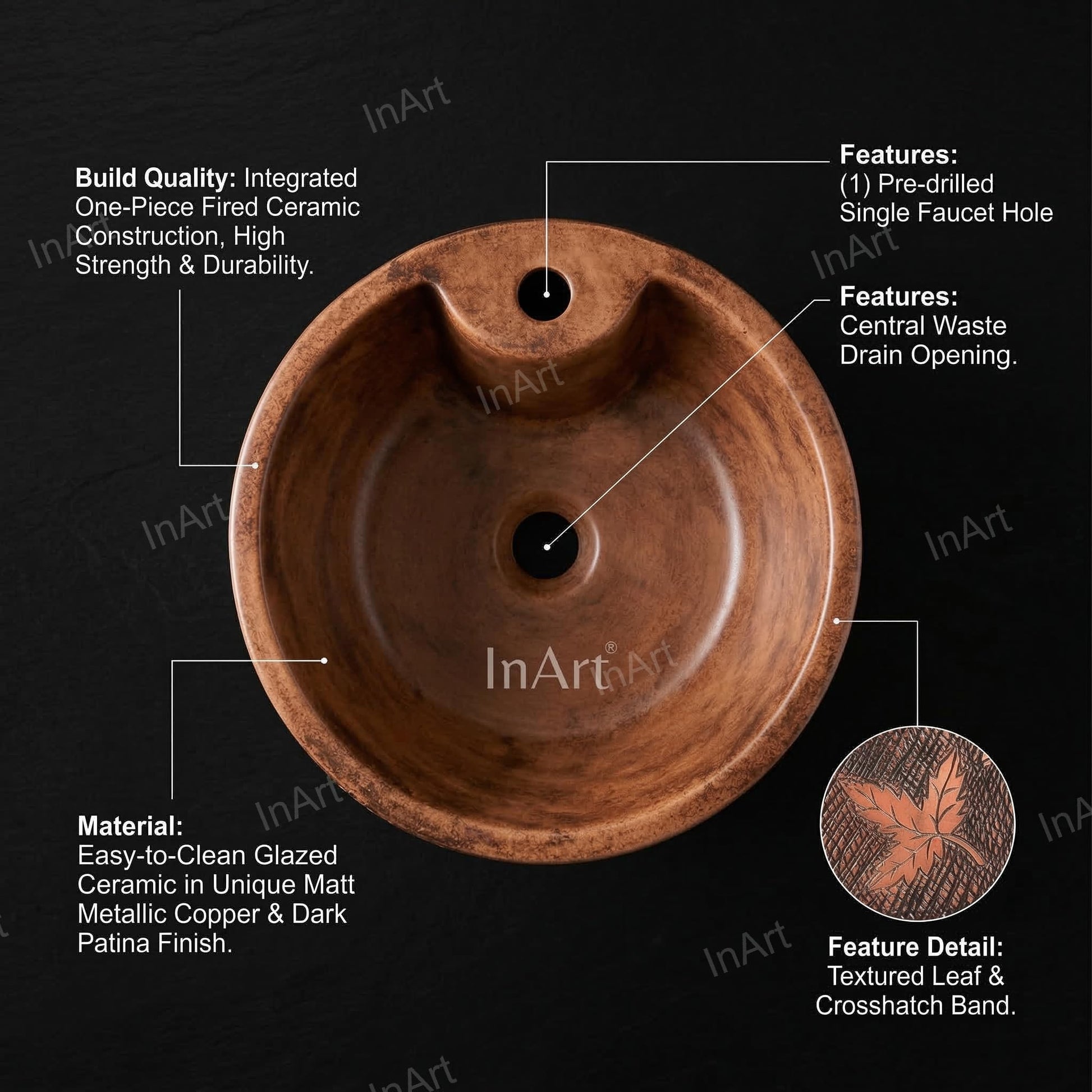 Designer pedestal wash basin in ceramic, round one piece basin and pedestal, side angle view