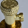 Gold angle valve for bathroom fittings with wall flange, detail view of 1 2 inch connection threads