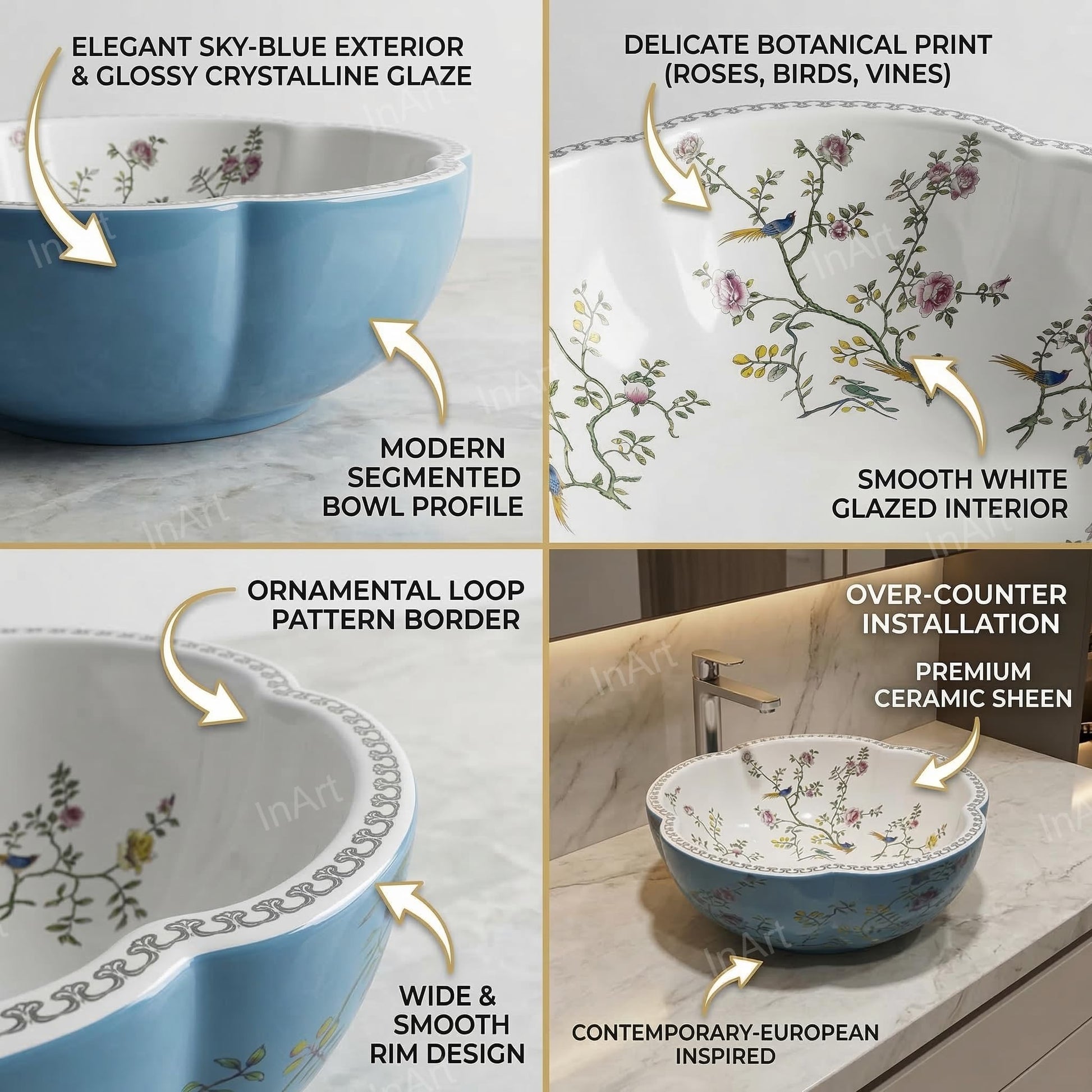 Ceramic wash basin designs in European style, blue round table top wash basin shown from top angle