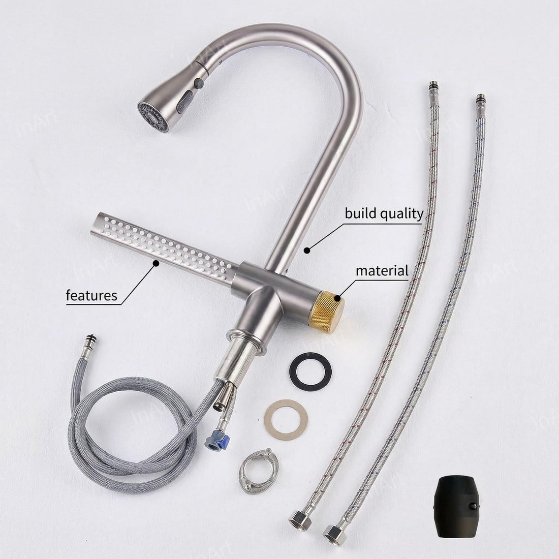 InArt brass kitchen sink faucets with sprayer, chrome pull out mixer tap with 360° rotatable spout