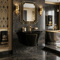 Wall mounted sink basin for modern bathroom, glossy black ceramic half pedestal wash basin in washroom setting