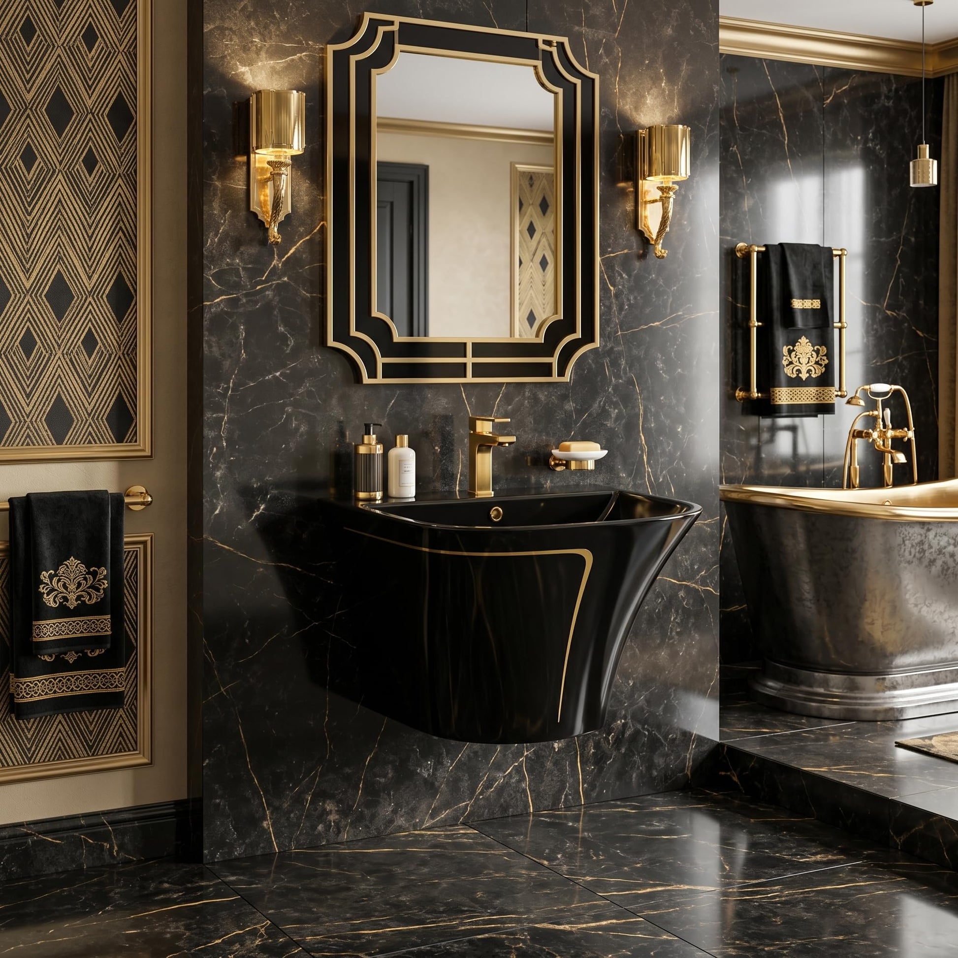Wall mounted sink basin for modern bathroom, glossy black ceramic half pedestal wash basin in washroom setting