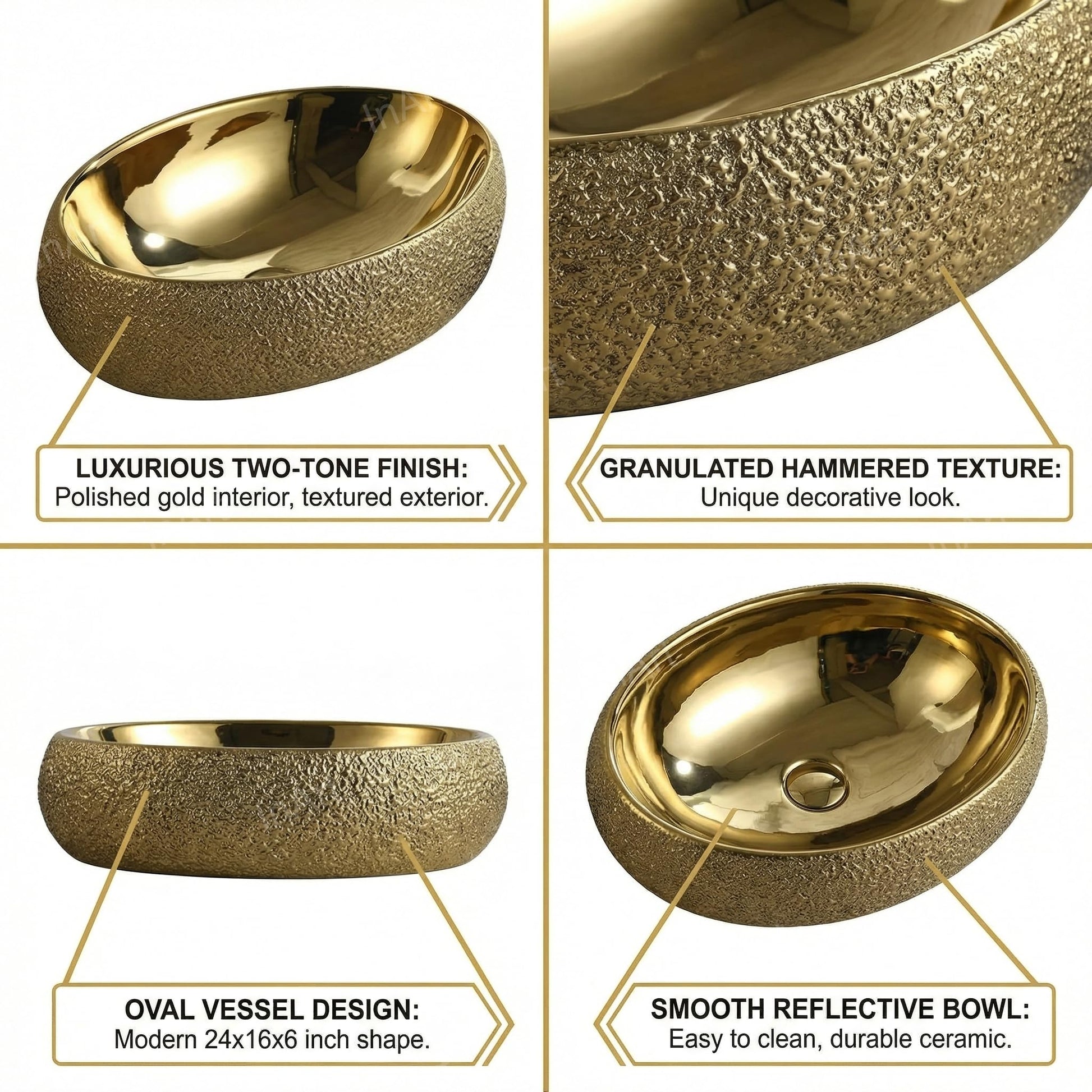 InArt over counter wash basin in golden ceramic, oval tabletop washbasin side angle view