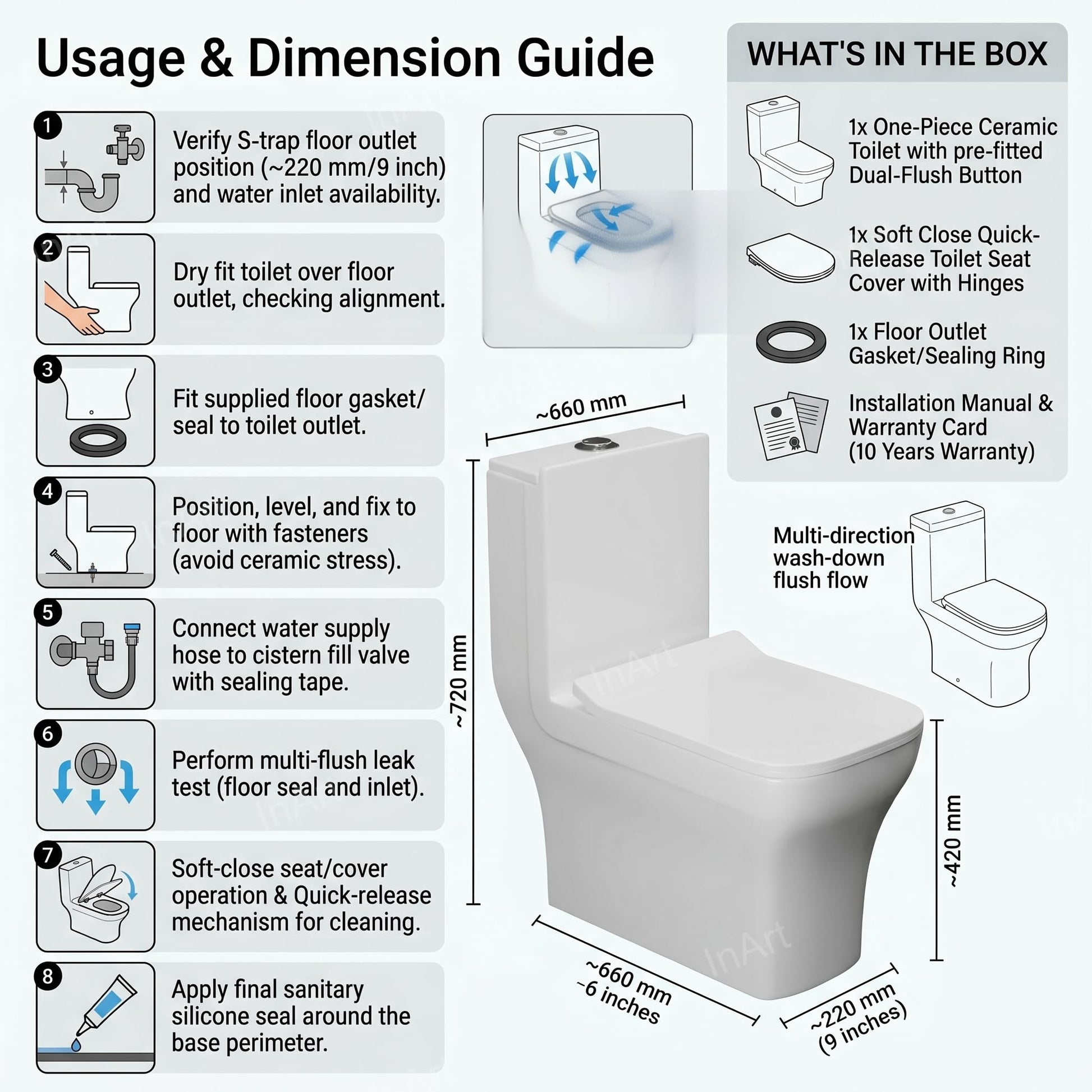 Glossy white ceramic water closet with square pan, floor mounted base and flush area detail