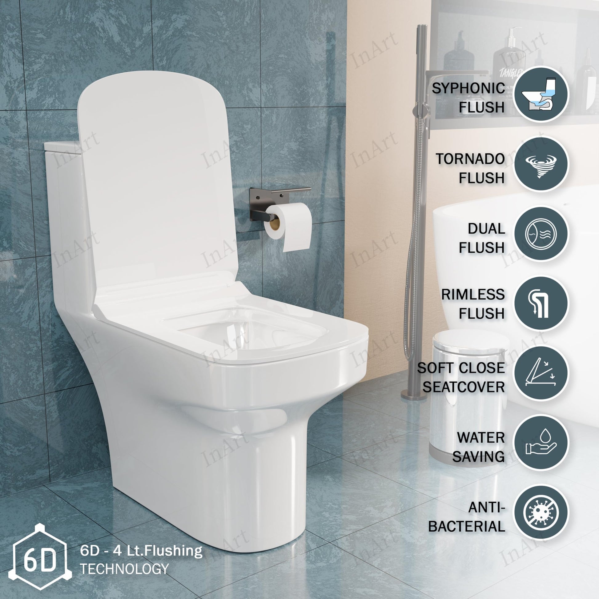 InArt ceramic one-piece commode with soft close seat, S-trap 9 inch western toilet rear angle view