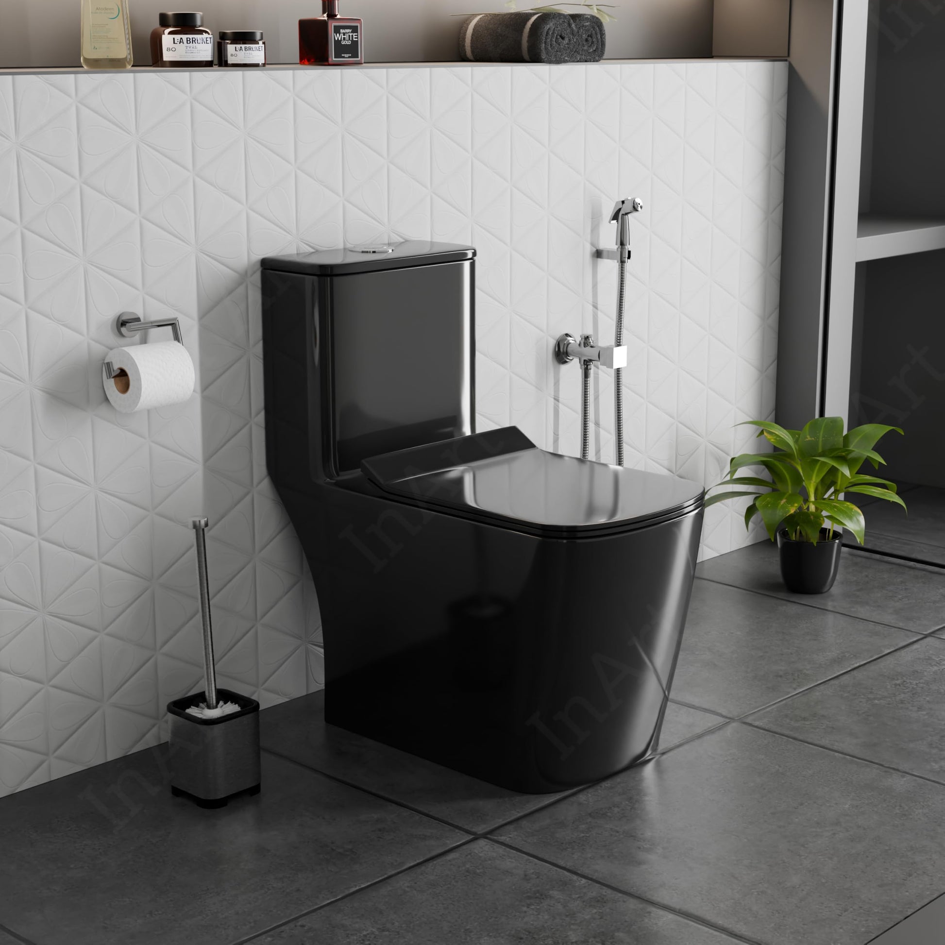 InArt rimless dual syphonic flush one piece western commode, black ceramic square bowl close-up