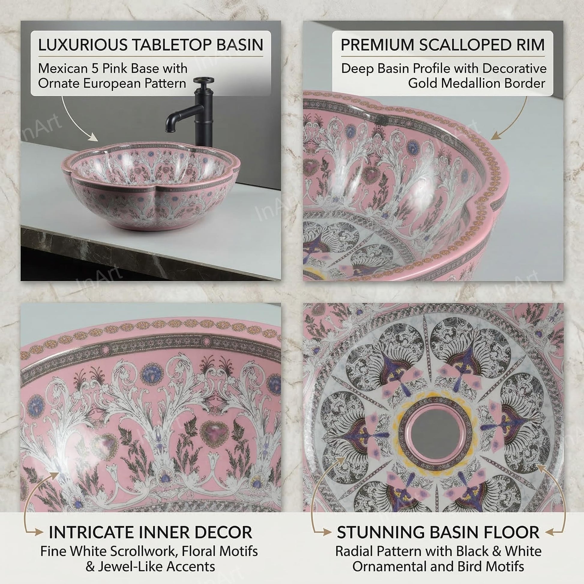 Over counter wash basin in round ceramic, glossy pink finish, side angle for bathroom counter