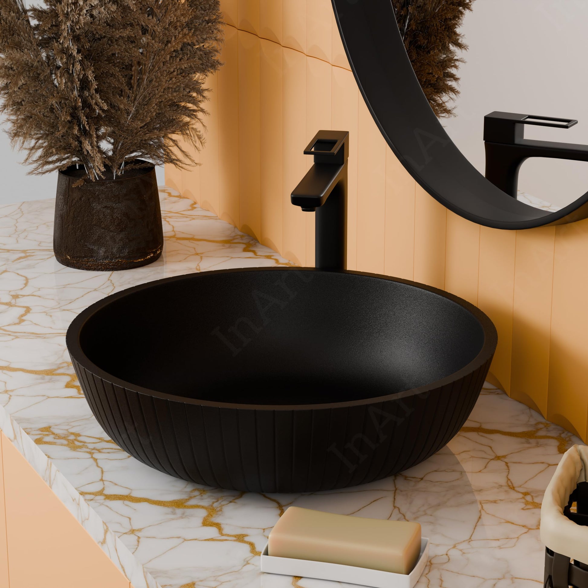 InArt over counter wash basin in round shape, matte black satin quartz, top view for bathroom vanity