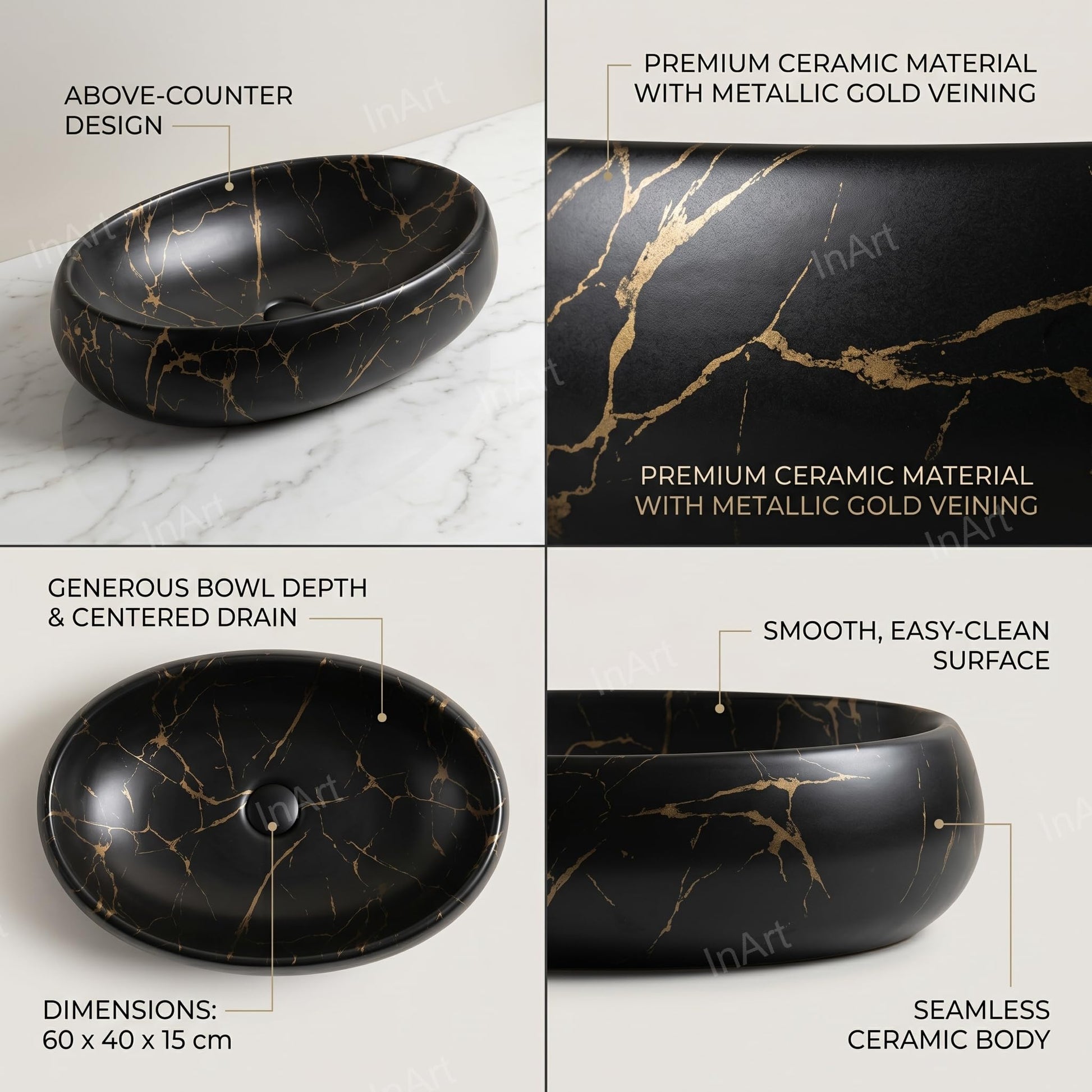 Designer wash basin for bathroom vanity counter, Black and gold colour close-up