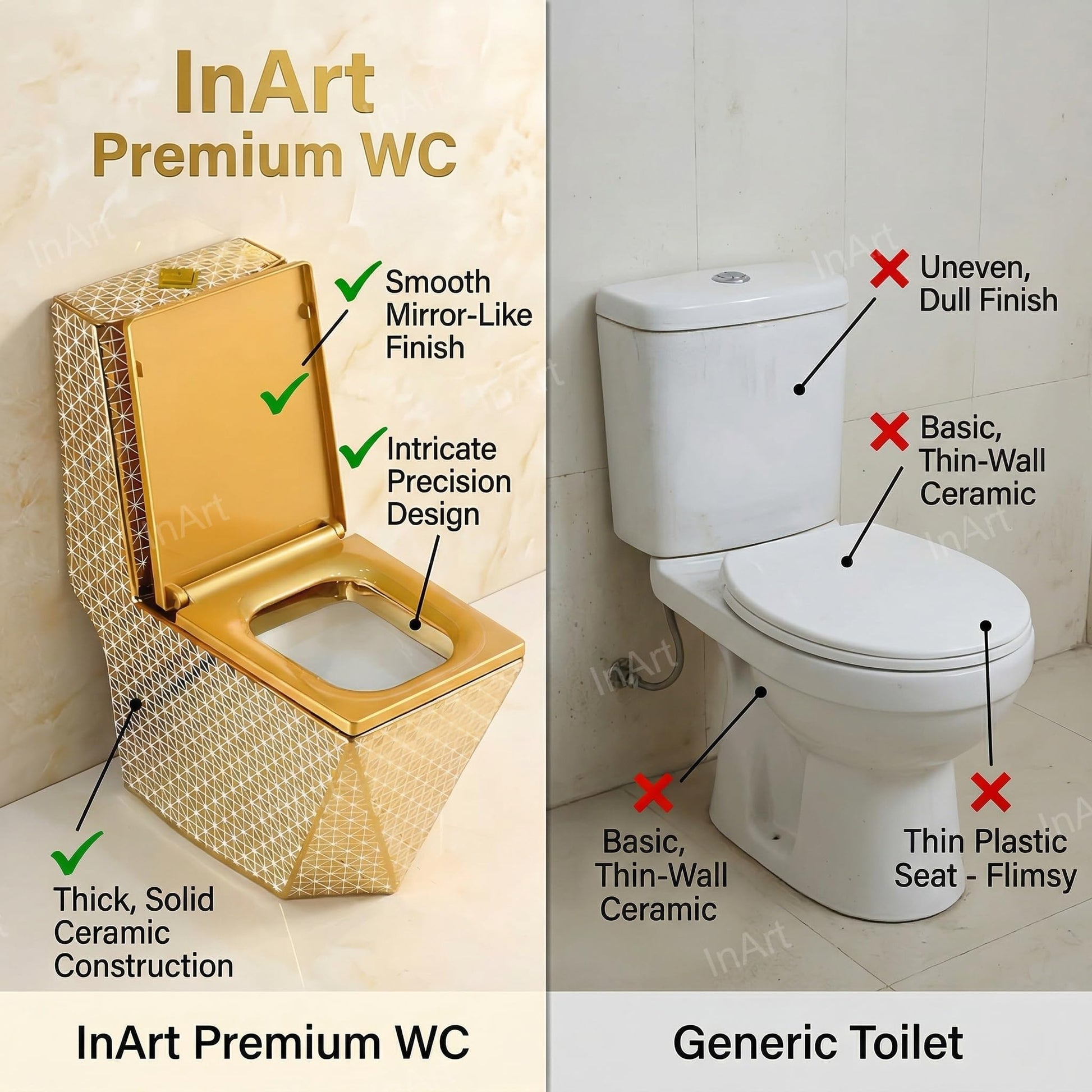 InArt gold finish one piece western toilet in modern bathroom interior, premium ceramic floor mounted commode
