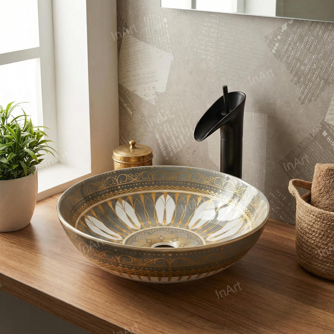 InArt ceramic table top wash basin, square green glossy Mexican design, main front view