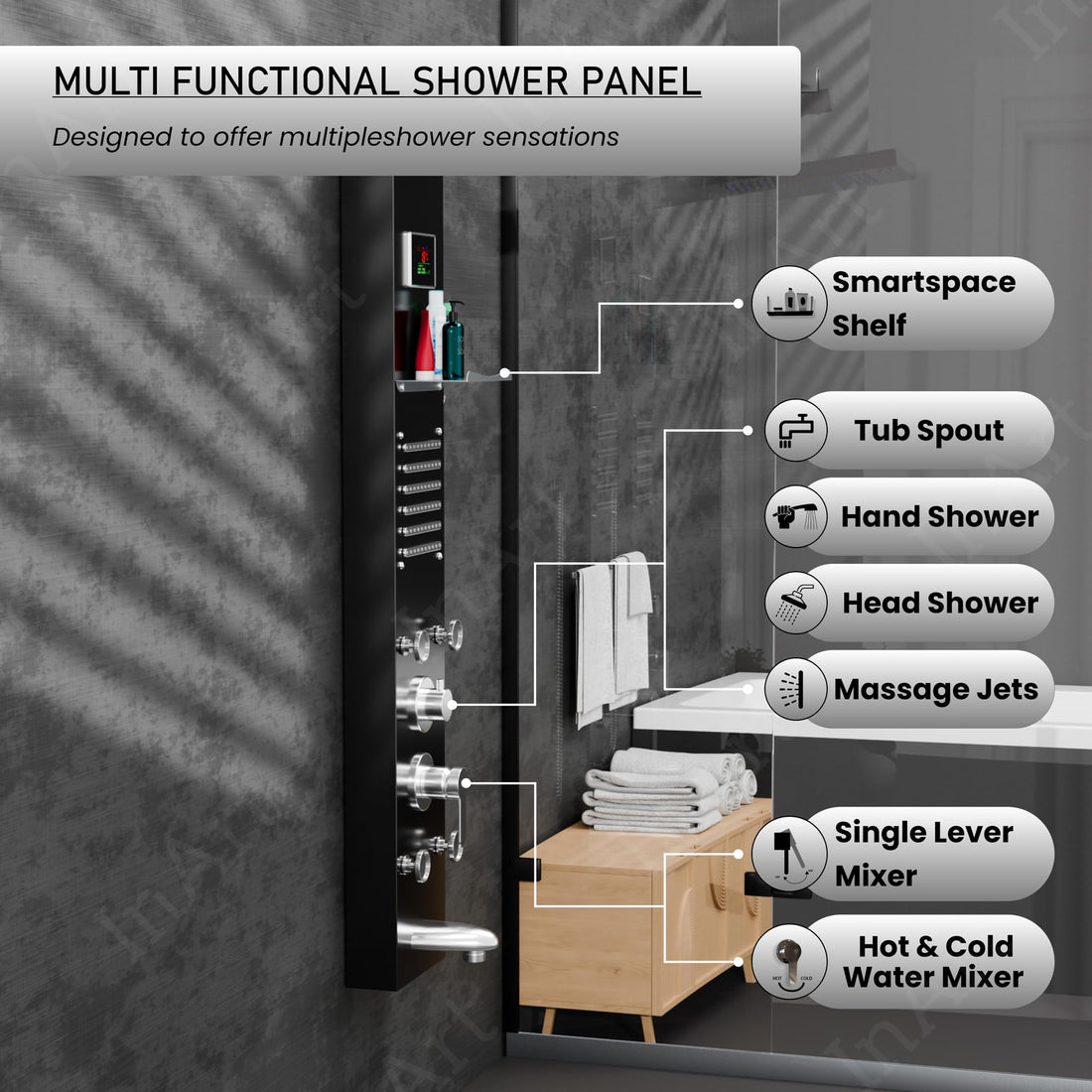 InArt black glossy thermostatic LED shower panel, bathroom shower panels, fluted paneling