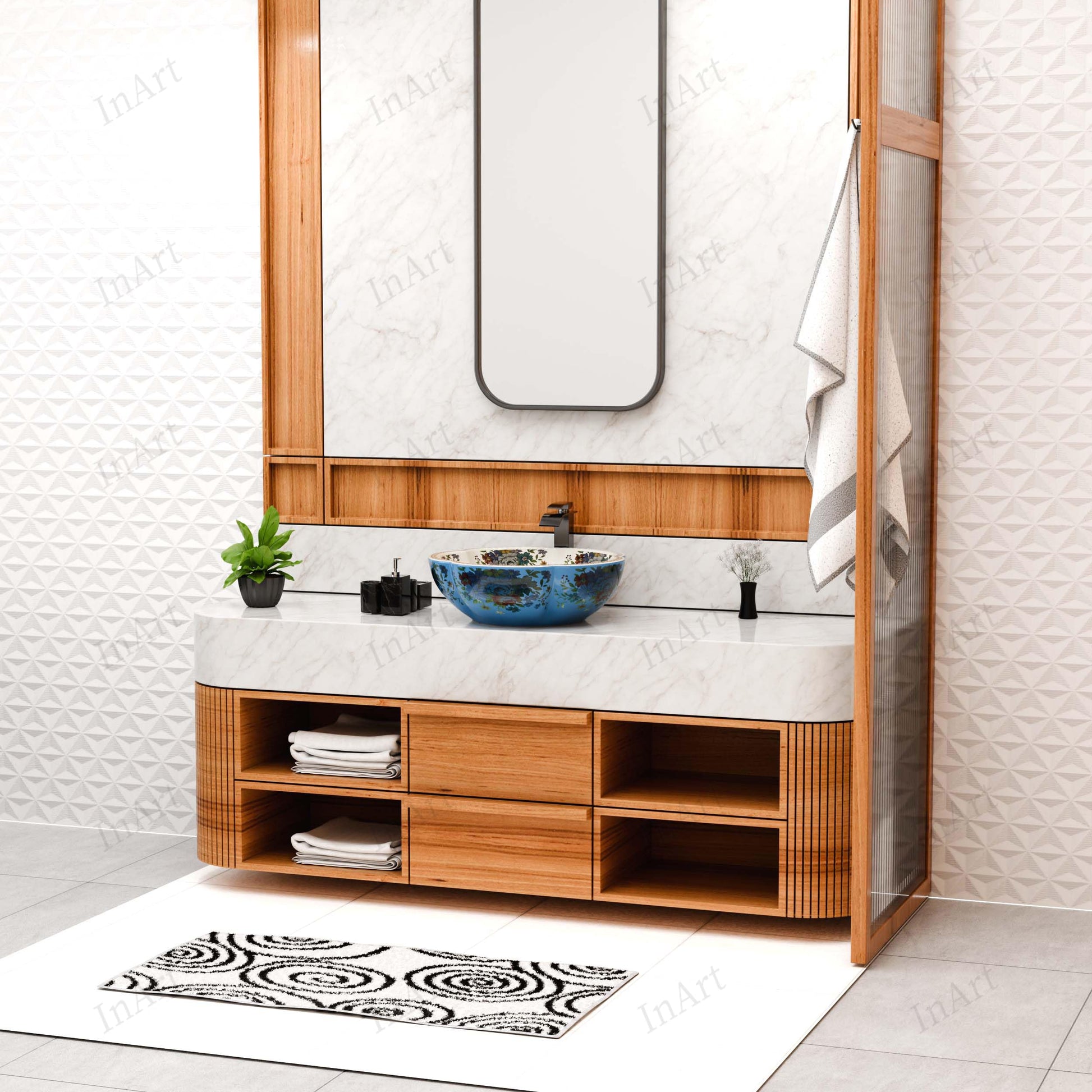 Modern contemporary bathroom sinks style round table top wash basin, blue floral ceramic, side angle
