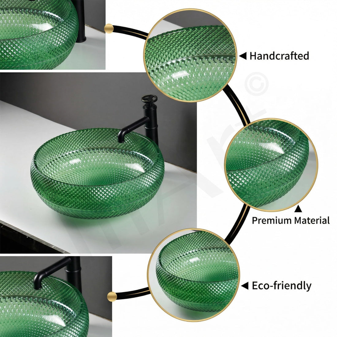 InArt crystal glass square table top wash basin in glossy green, main view