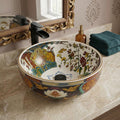 InArt Moroccan ceramic wash basin with printed floral detailing, close-up of glossy multicolour pattern