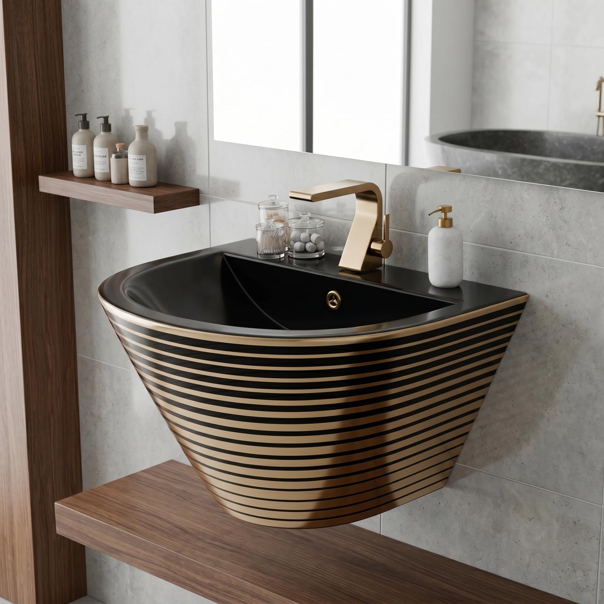 InArt cera wash basin half pedestal, ceramic rectangular wall hung basin in black with gold stripes