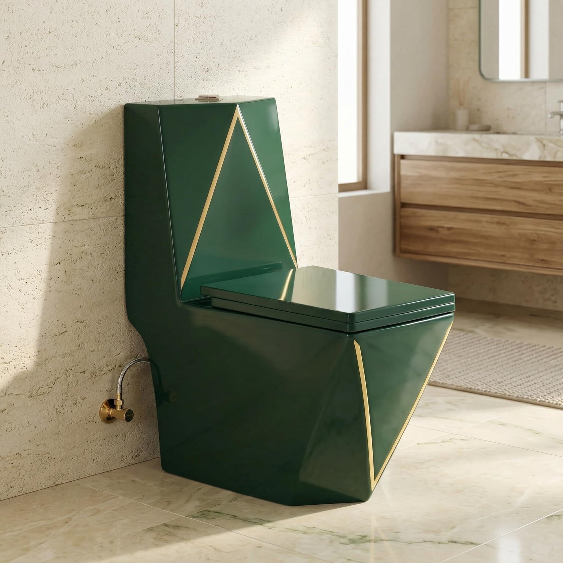 InArt single piece western toilet in ceramic oval design, green body with glossy blue flush tank, front view