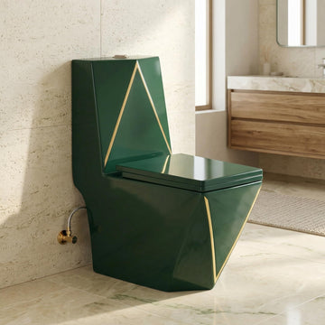 InArt single piece western toilet in ceramic oval design, green body with glossy blue flush tank, front view