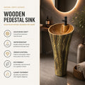 Modern contemporary bathroom sink design, oval ceramic pedestal wash basin in wooden finish, side angle