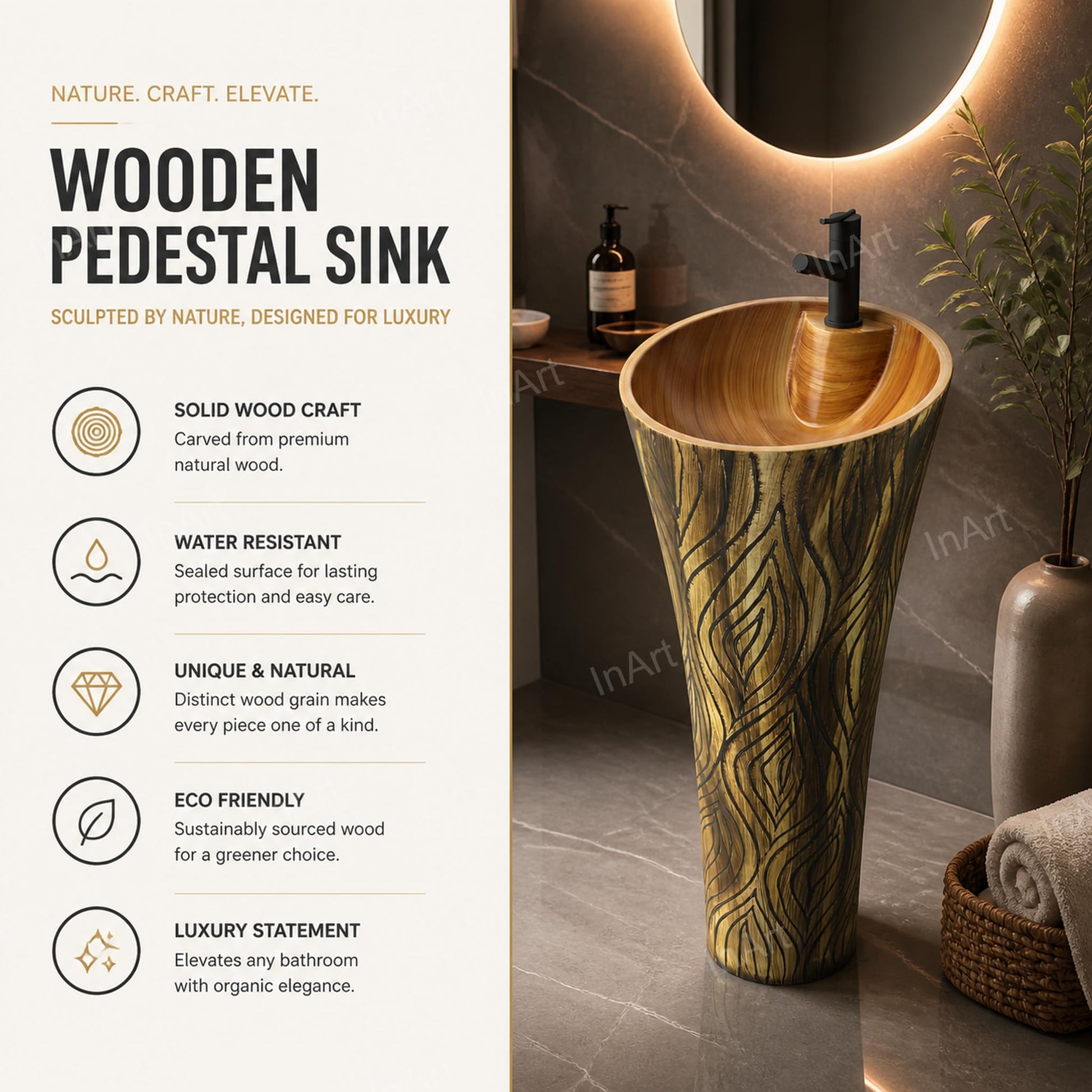 Modern contemporary bathroom sink design, oval ceramic pedestal wash basin in wooden finish, side angle