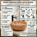 Round table top basin placed on counter showing spacious 40 cm width