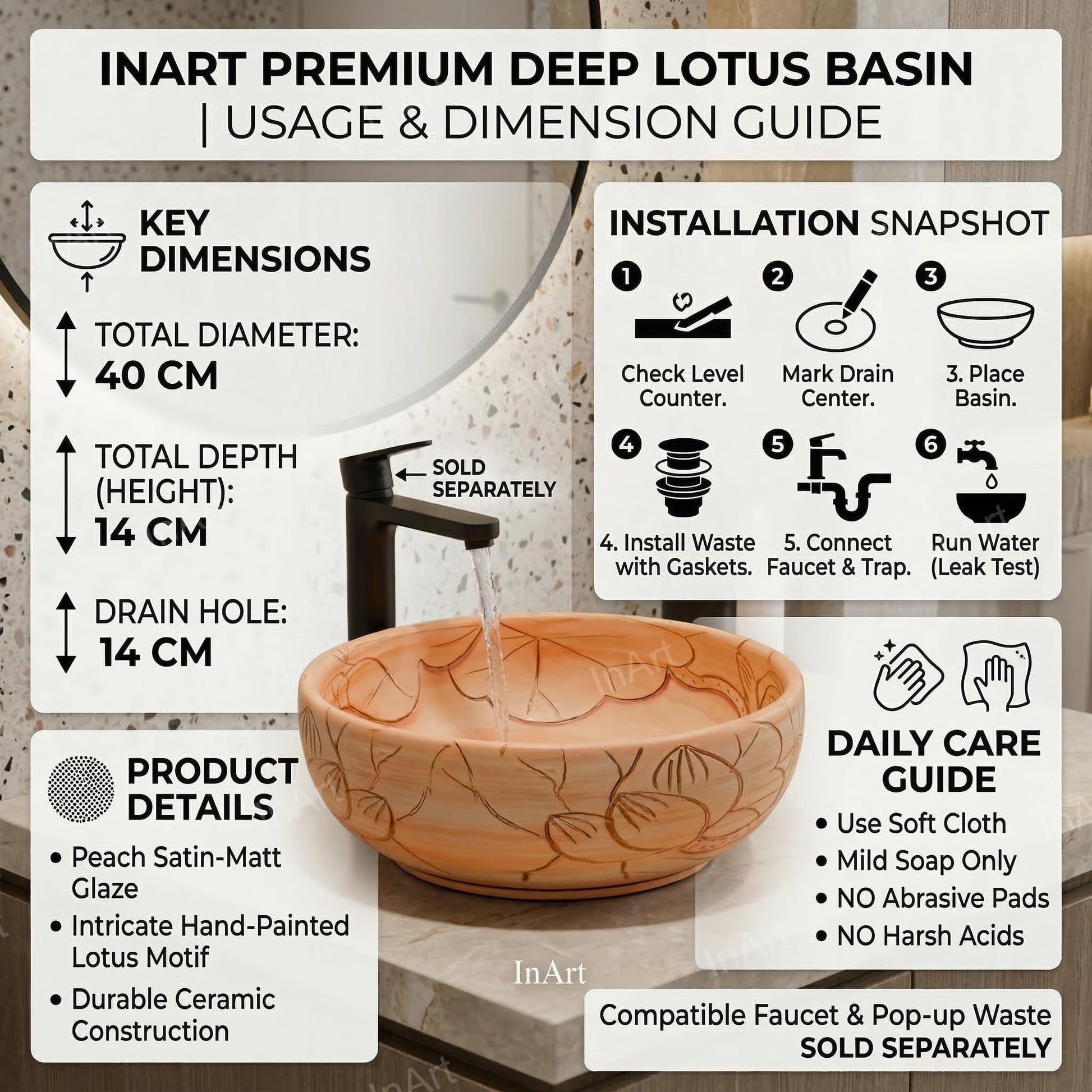 Round table top basin placed on counter showing spacious 40 cm width