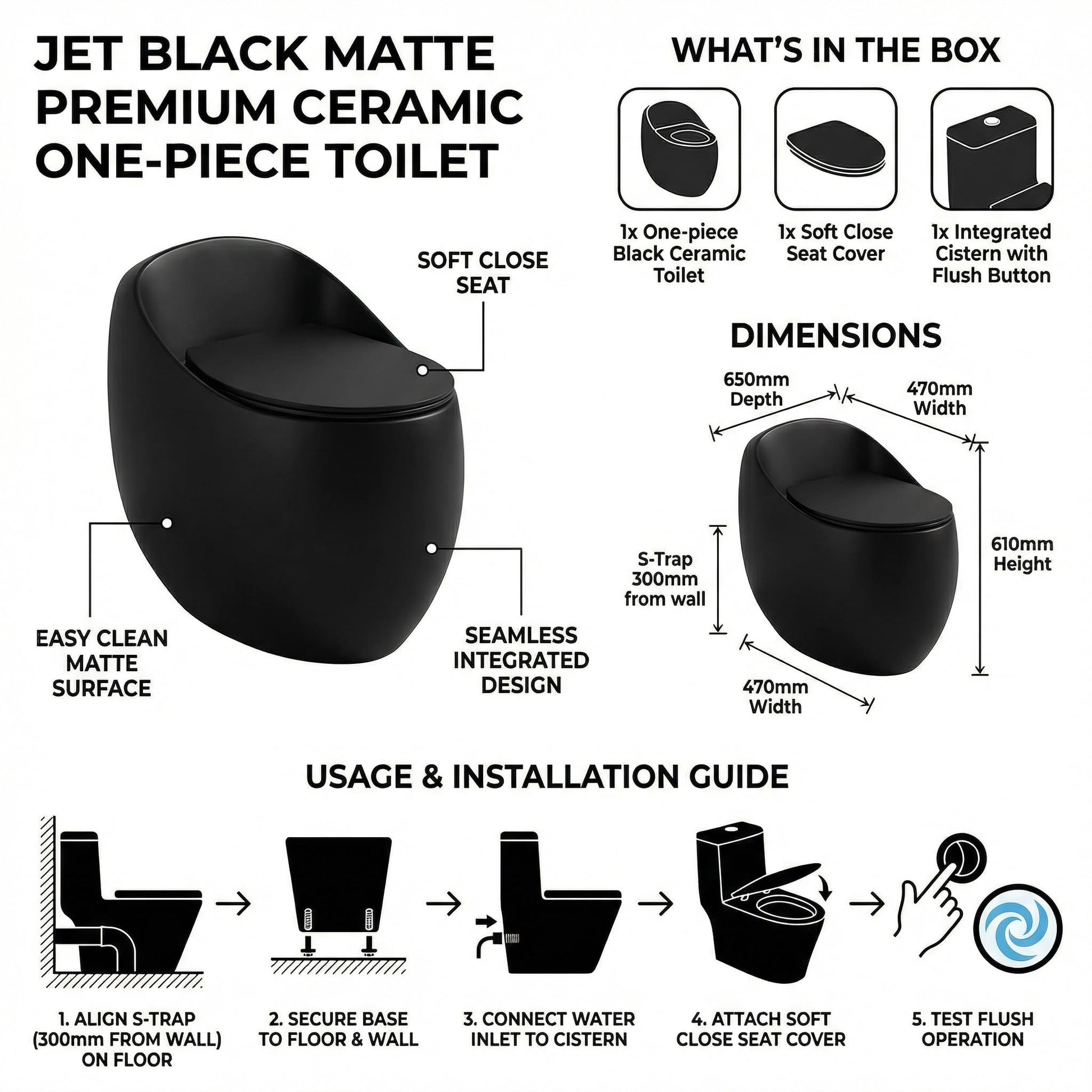 Matte black western toilet price option, InArt one piece ceramic floor mounted commode for stylish washroom upgrade