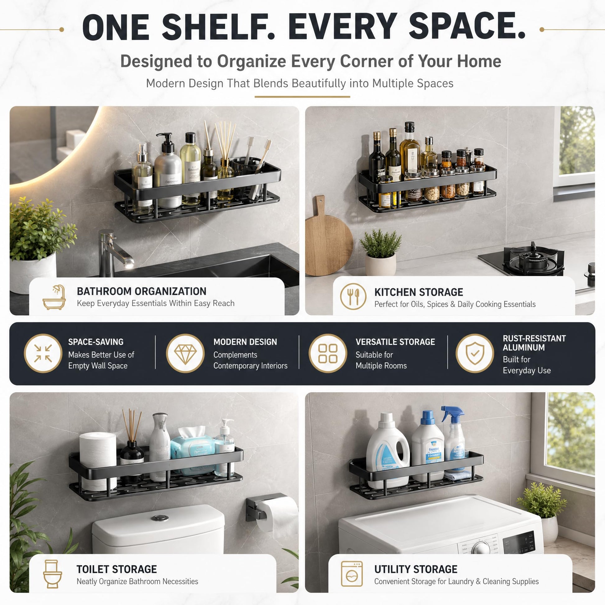Bathroom wall storage shelves in matte black finish for washroom organisation