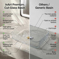 InArt clear bowl bathroom sink with smooth glossy finish, detail view of base and glass thickness