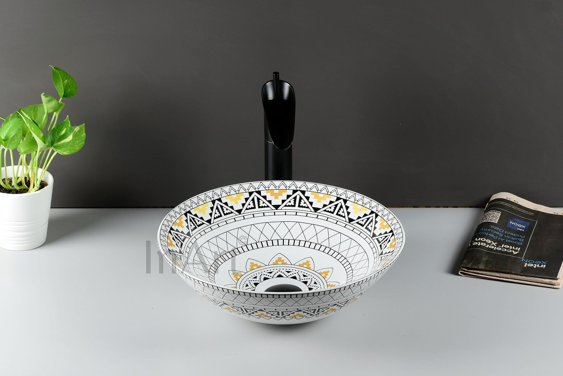 Printed ceramic wash basin design for bathroom, round counter top basin with vibrant yellow pattern