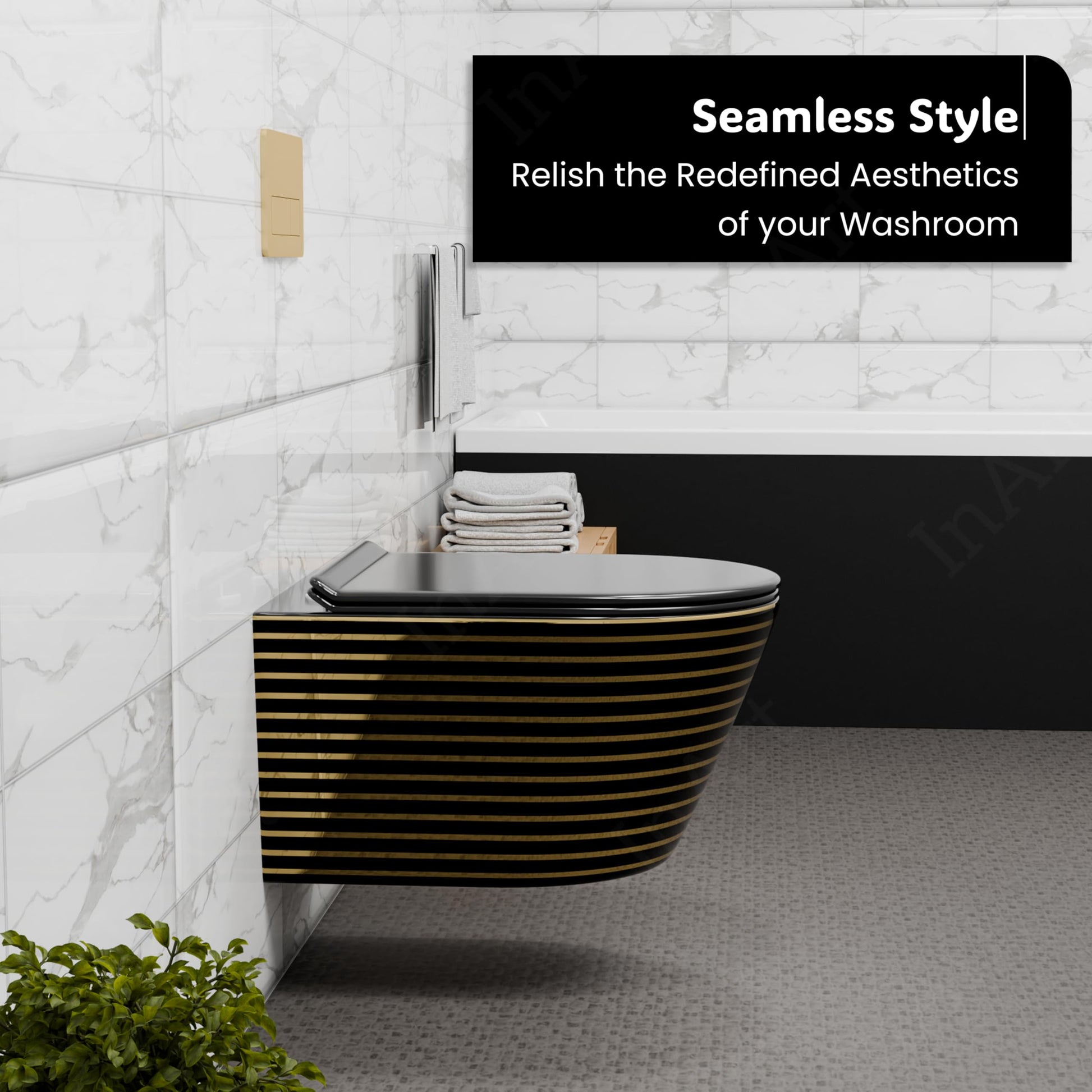 Premium InArt ceramic wall mounted WC in black and gold, oval commode for compact washroom spaces