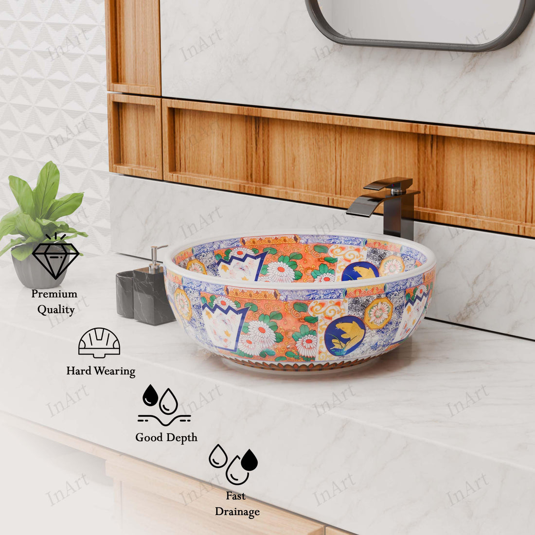 InArt ceramic square table top wash basin design, glossy multi colour Mexican pattern, 42x42 cm