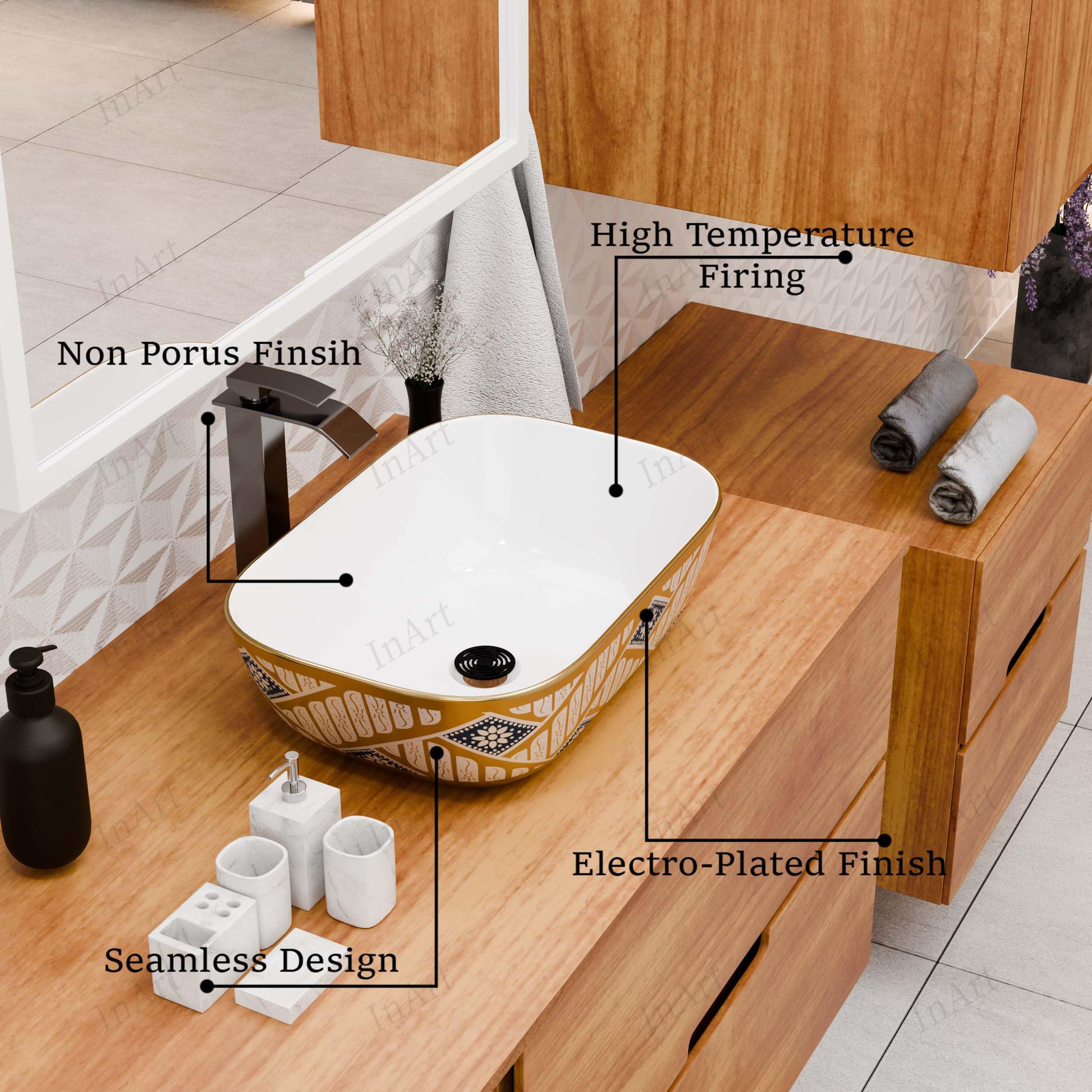 Table top wash basin designs for dining room, gold ceramic rectangular basin on counter in home interior