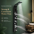 Waterfall outlet and tub spout detail on 6 in 1 shower system, matte black stainless steel panel