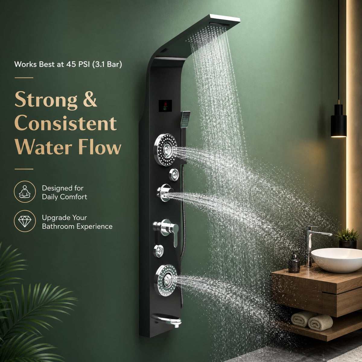 Waterfall outlet and tub spout detail on 6 in 1 shower system, matte black stainless steel panel