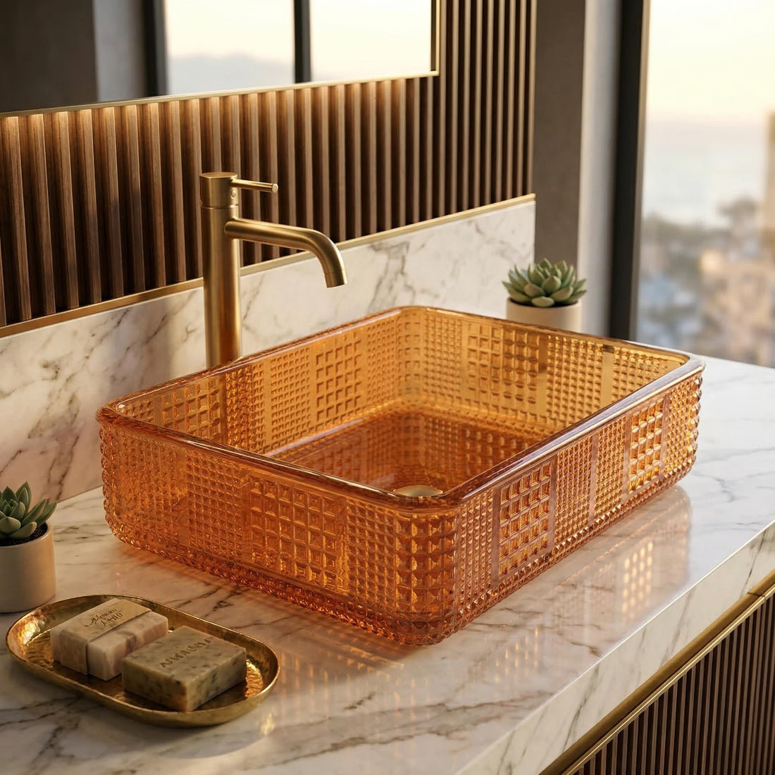 washbasindesign InArt crystal glass rectangular table top wash basin, transparent finish, front view