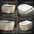 Rimless wall mounted water closet with soft close seat cover, side angle view for compact washroom