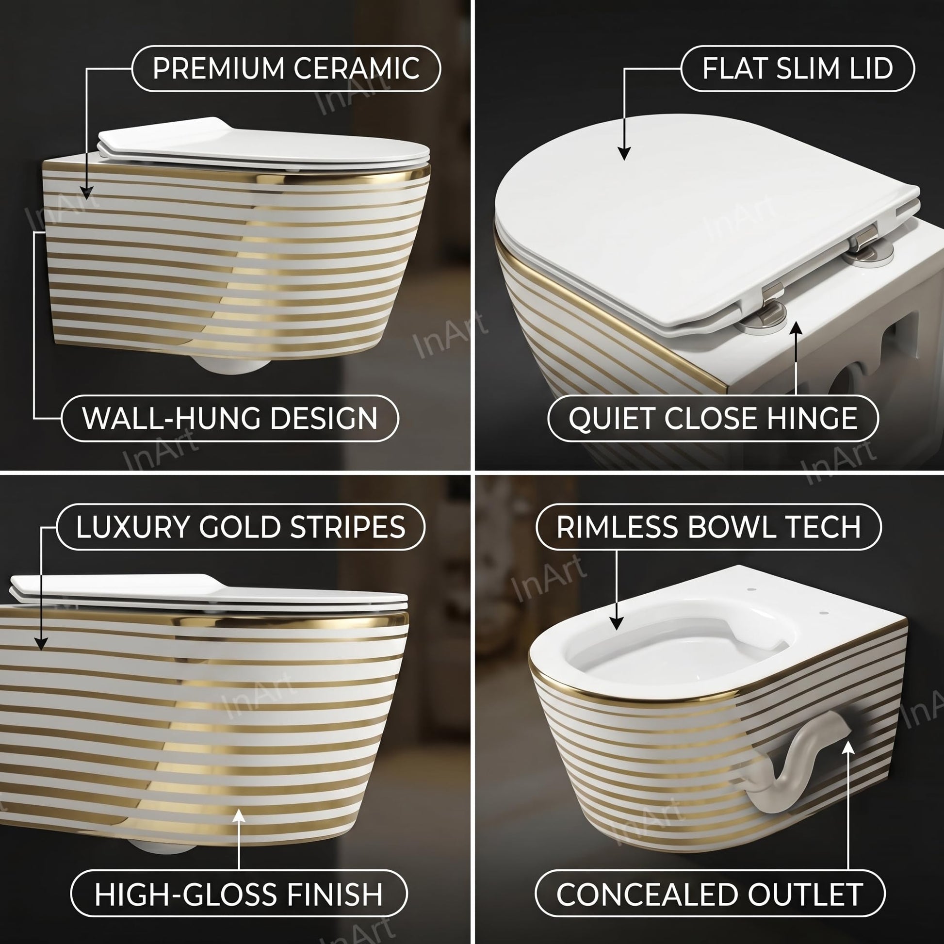 Rimless wall mounted water closet with soft close seat cover, side angle view for compact washroom
