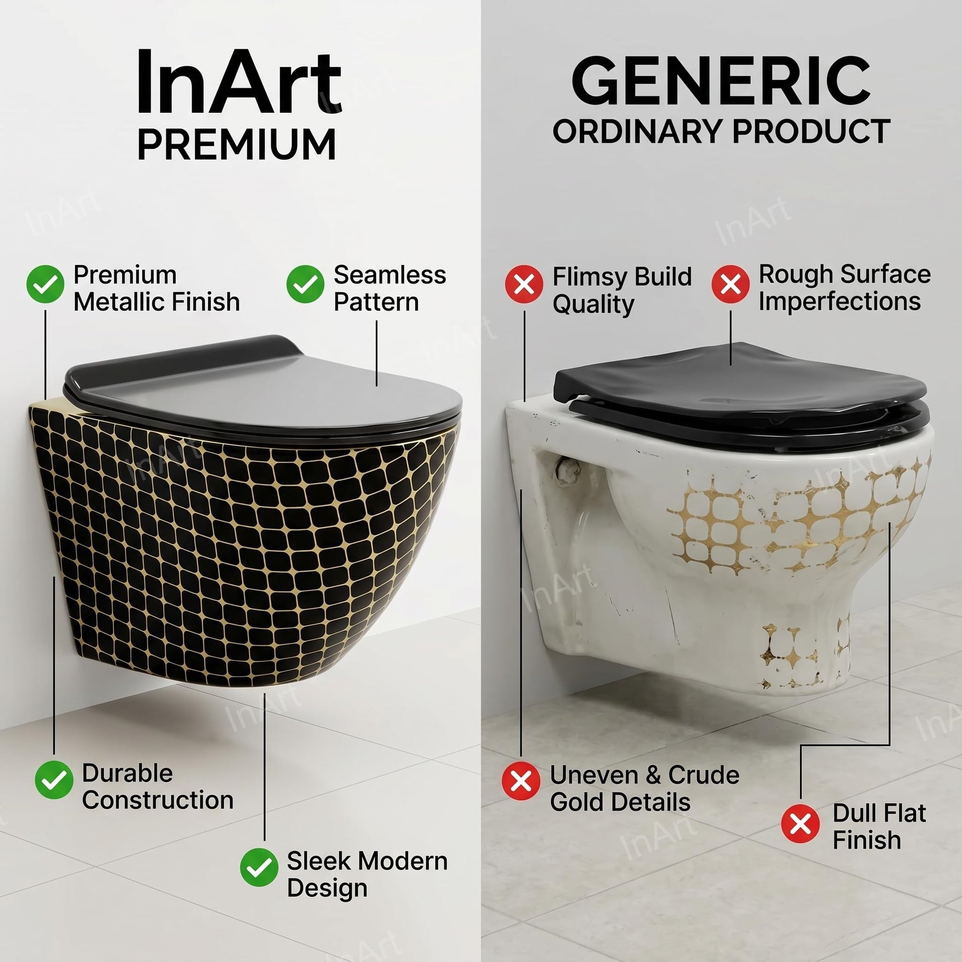 Designer wall mounted commode in black gold for luxury bathroom interior, oval ceramic wall hung WC