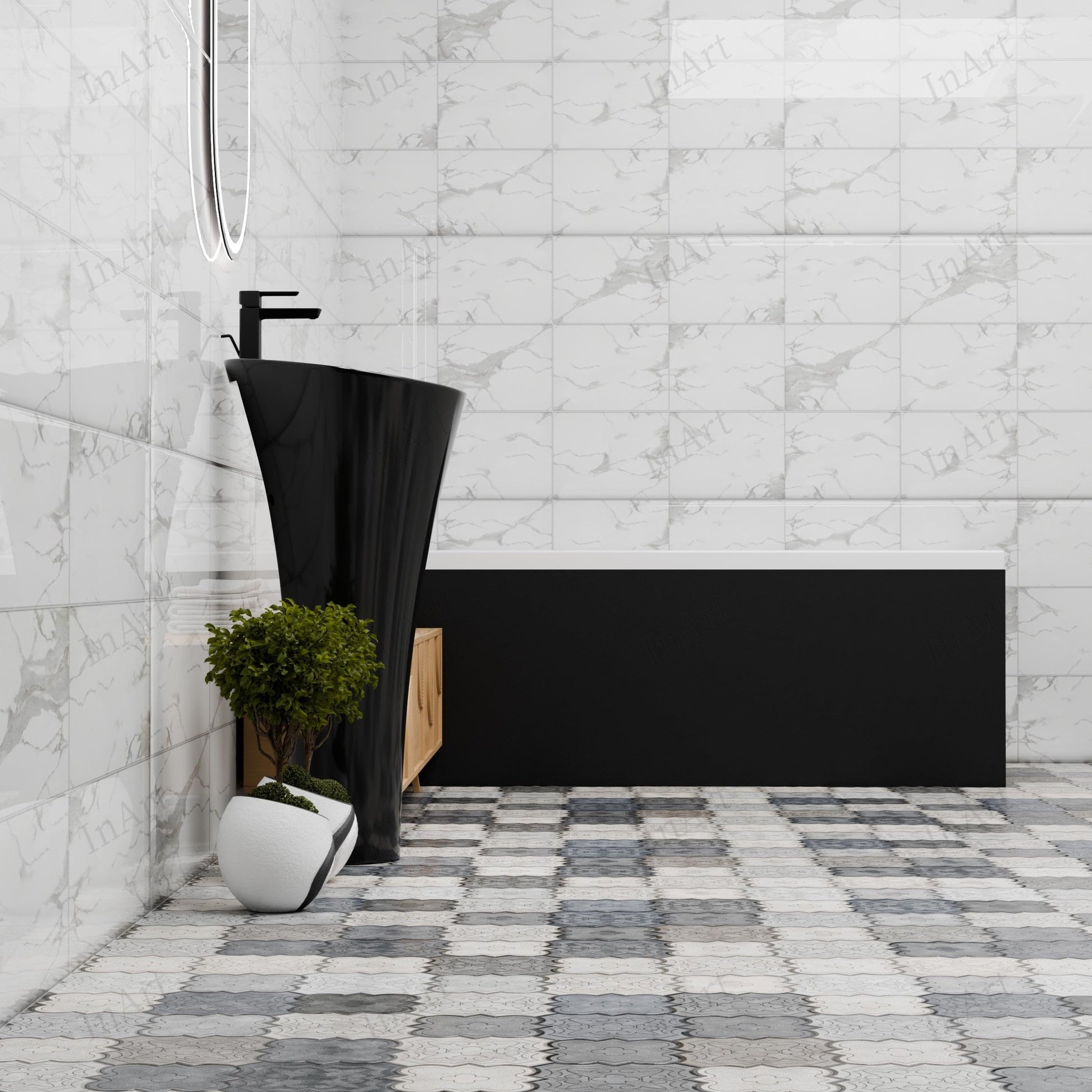 InArt matte black oval pedestal wash basin, designer angle view for modern bathroom and living room