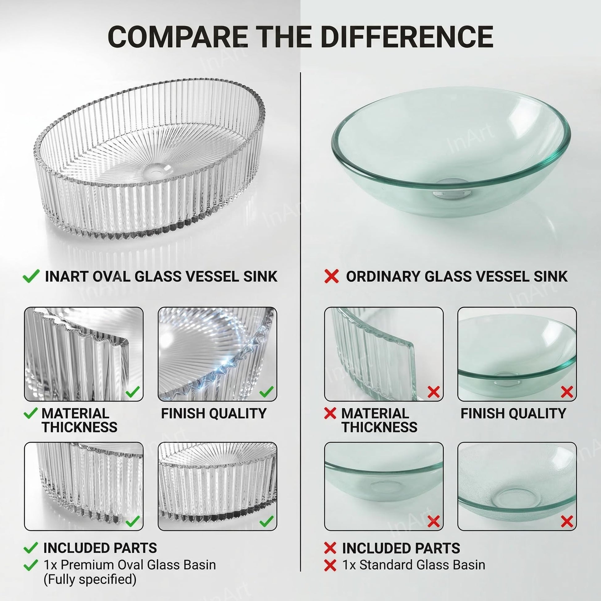 InArt modern glass wash basin with mirror glass design backdrop, clear oval basin for bathroom