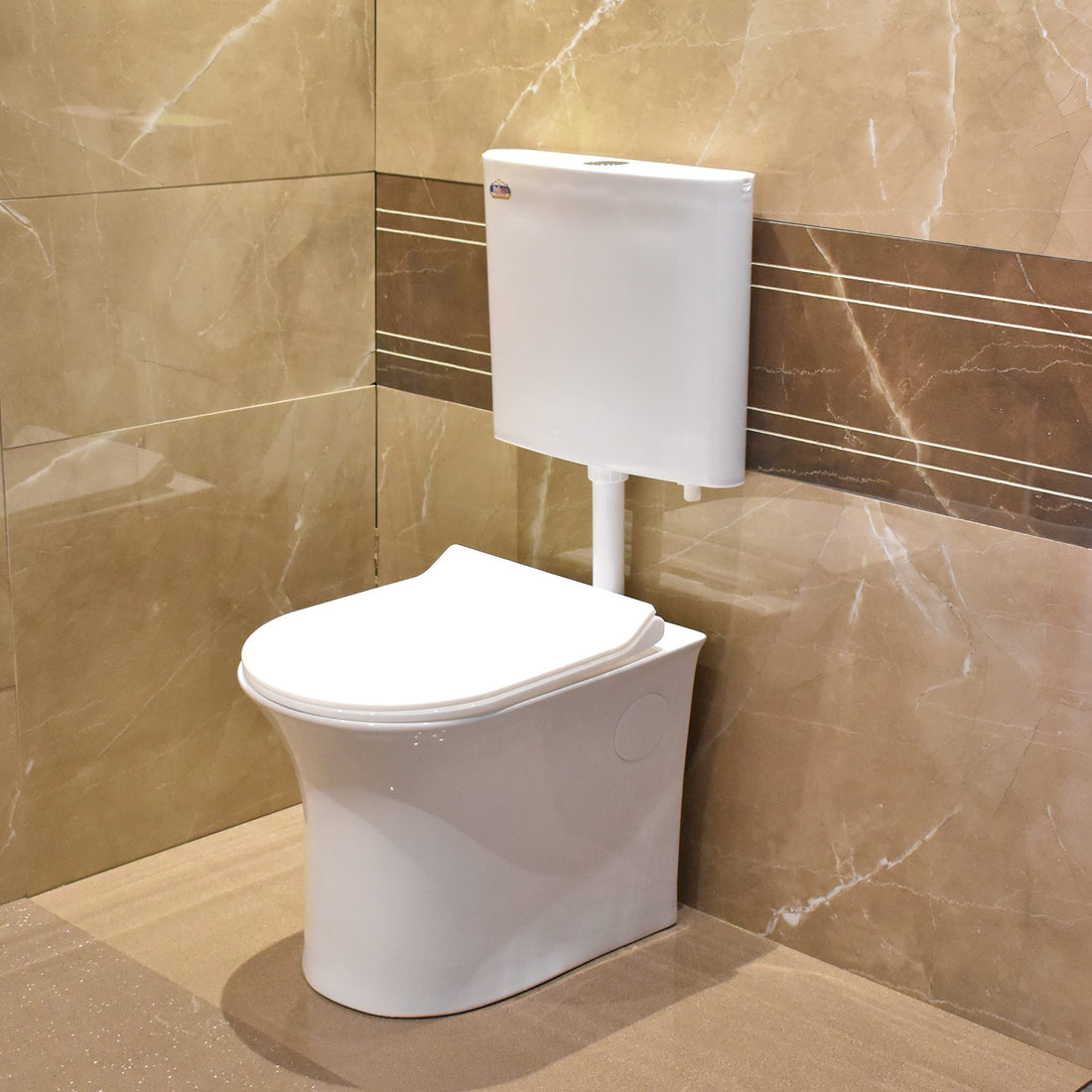InArt ceramic western toilet in white with plastic flush tank, floor mounted EWC commode main front view