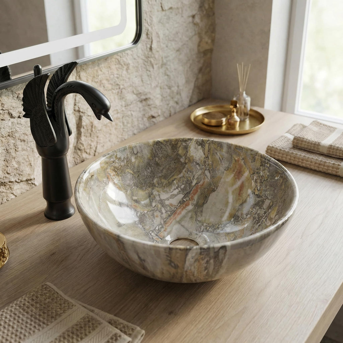 InArt ceramic table top wash basin design, round green marble glossy finish, 13x13 inch bathroom basin
