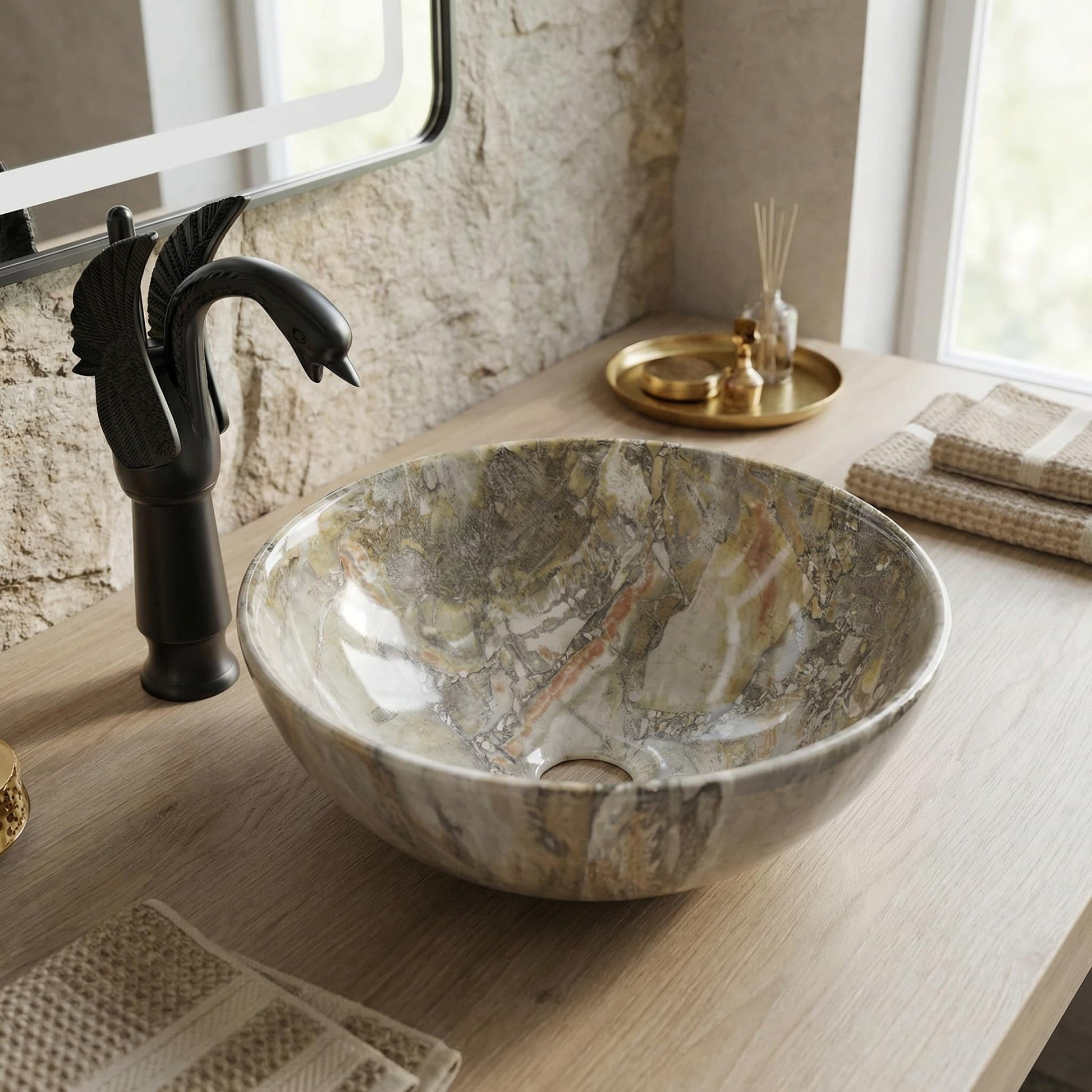 InArt ceramic table top wash basin design, round green marble glossy finish, 13x13 inch bathroom basin