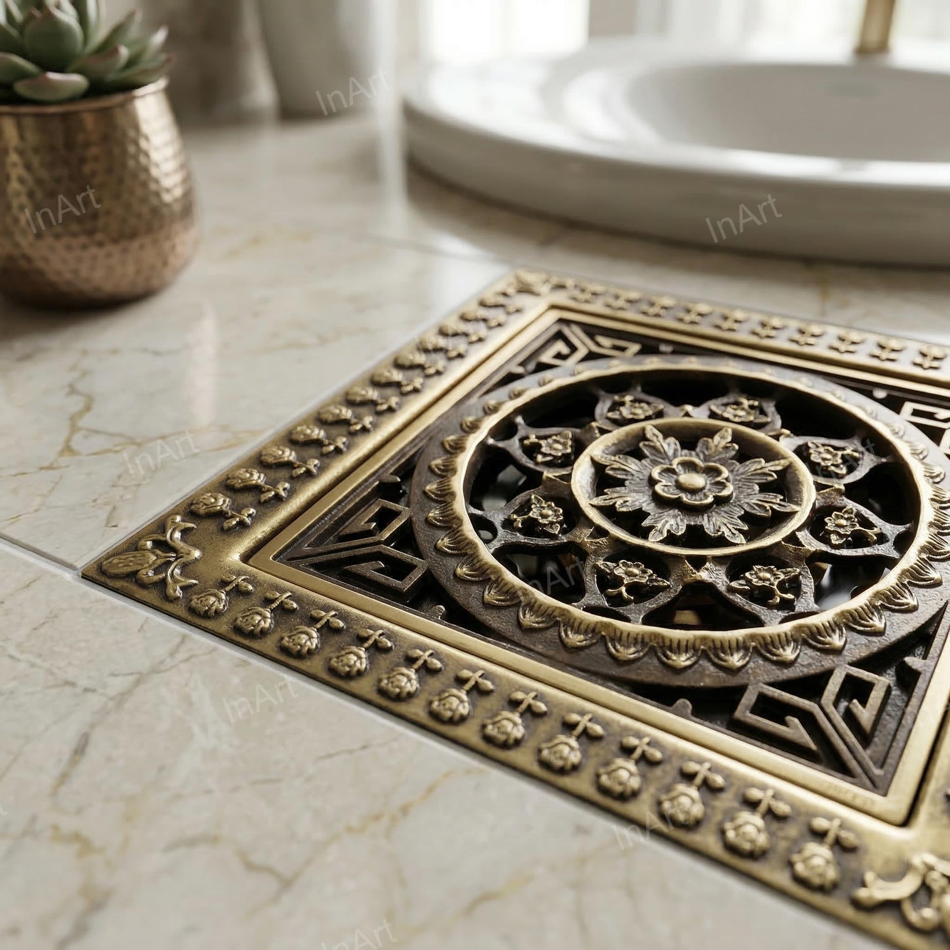 Close-up of brass drain jali grid in antique bronze finish, durable square bathroom floor drain