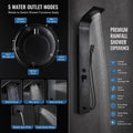 Black shower tower side angle showing waterfall outlet, tub spout and hot & cold mixer controls