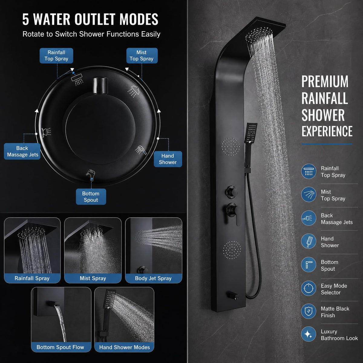 Black shower tower side angle showing waterfall outlet, tub spout and hot & cold mixer controls